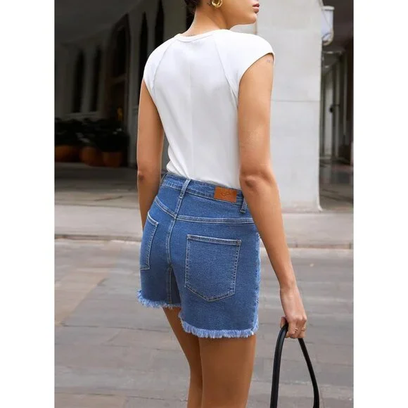 Womens Denim Shorts High Waisted Stretchy Raw Hem Pockets Casual Summer - Picture 4 of 6